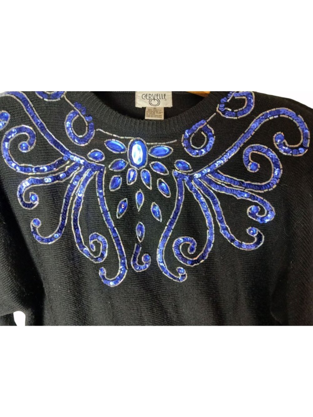 Vintage Cervelle Black Sweater Blue Sequins Beaded Size S Oversized Bedazzled - Picture 3 of 10